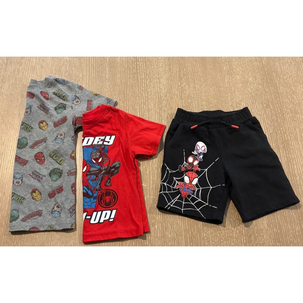 Marvel Toddler Boys 3 Pc Outfit Lot Spider-Man Tees Shorts Size 5 EUC